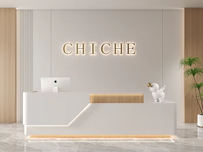 Modern Reception Desk With White Design Illuminated CHICHE Lettering Wooden Accents And Potted Plant 3d model