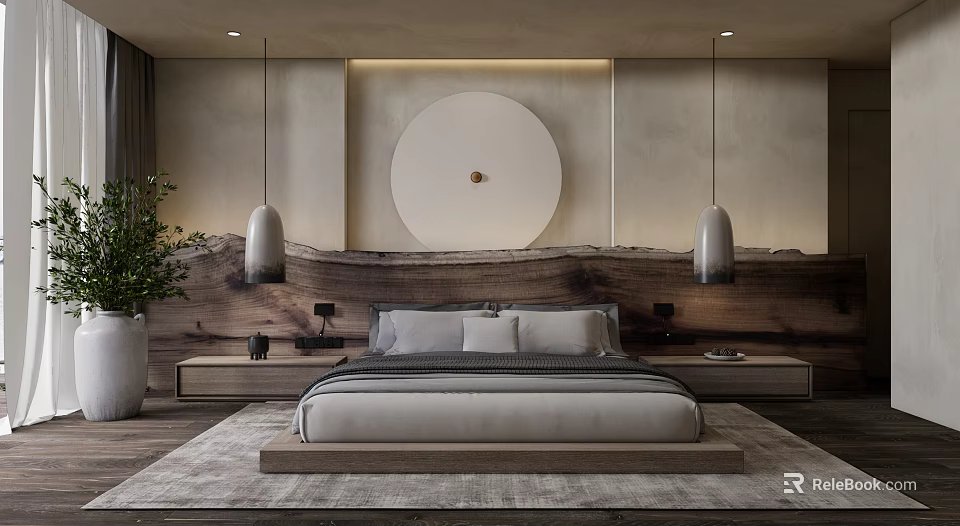 Modern Bedroom Interior With Wooden Headboard Circular Decor Pendant Lights Plant Nightstands And Rug 3d model 