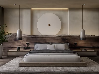 Modern Bedroom Interior With Wooden Headboard Circular Decor Pendant Lights Plant Nightstands And Rug 3d model