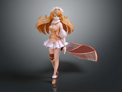 Game Movie Character Featuring Long Orange Hair Green Eyes White Orange Dress Brown Net Headdress 3d model