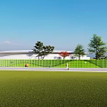 White Wavy Decorative Partition With Circular Ornaments In Outdoor Plaza And Green Trees