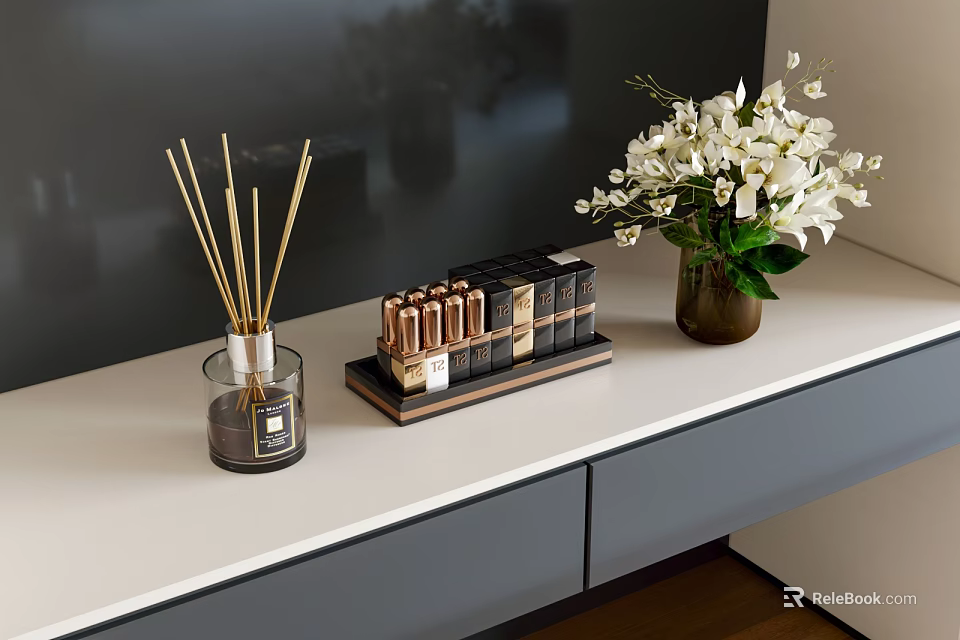 Modern Cosmetic Display With Reed Diffuser Lipsticks Tray And White Flowers On Countertop 3d model 