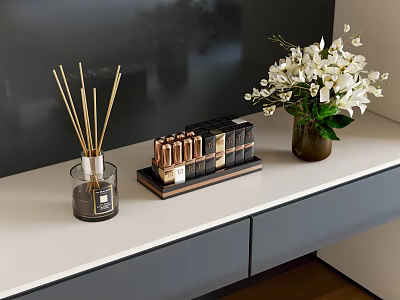 Modern Cosmetic Display With Reed Diffuser Lipsticks Tray And White Flowers On Countertop 3d model