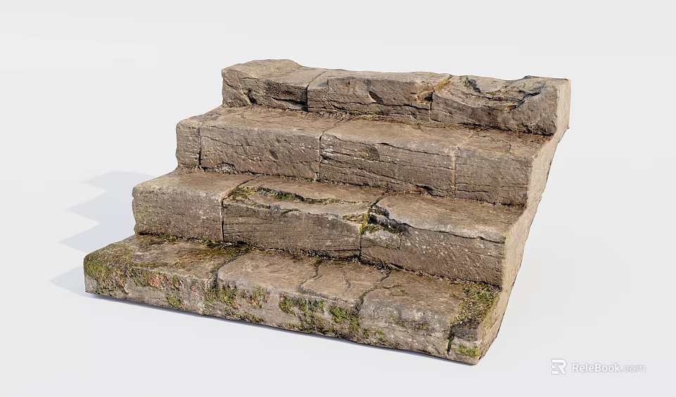 Natural Stone Staircase With Moss Covered Steps And Rustic Design Elements 3d model