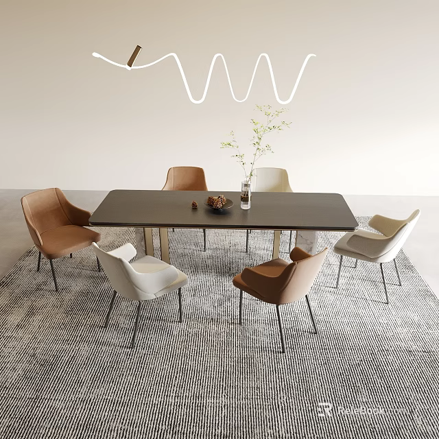 Modern Dining Table Set With Brown White Chairs Metal Legs Wooden Top And Plant Centerpiece 3d model 