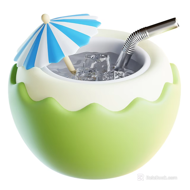 Refreshing Coconut Beverage In Green Coconut Cup With Ice Cubes Straw And Umbrella 3d model 