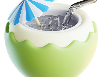 Refreshing Coconut Beverage In Green Coconut Cup With Ice Cubes Straw And Umbrella 3d model