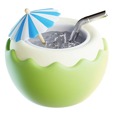 Refreshing Coconut Beverage In Green Coconut Cup With Ice Cubes Straw And Umbrella 3d model