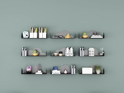 Stylish Black Floating Wall Cabinets on Gray Wall with Decorative Items Books Plants and Ornaments 3d model