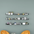 Stylish Black Floating Wall Cabinets on Gray Wall with Decorative Items Books Plants and Ornaments