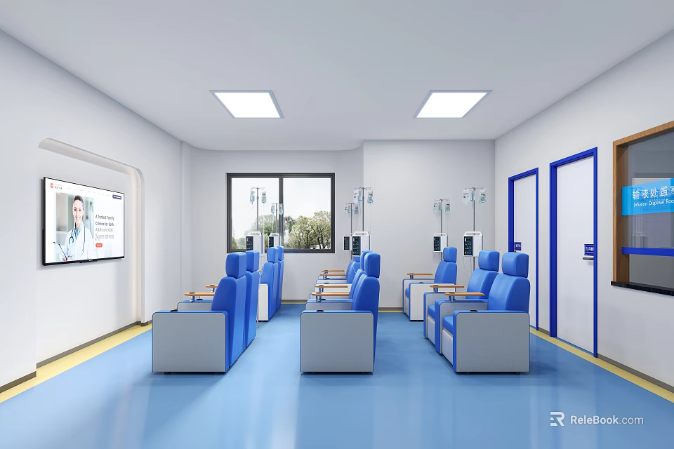 Medical Waiting Room With Blue Seats IV Stands Display Screen White Walls And Blue Floor 3d model 