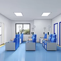 Medical Waiting Room With Blue Seats IV Stands Display Screen White Walls And Blue Floor