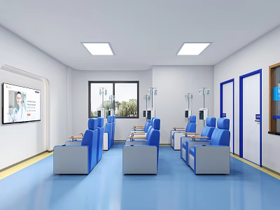Medical Waiting Room With Blue Seats IV Stands Display Screen White Walls And Blue Floor 3d model