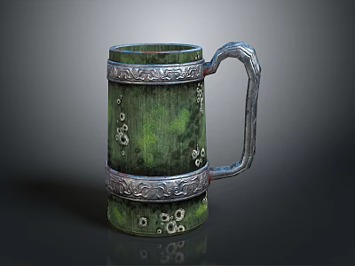Green Ceramic Mug With Silver Ornate Trim And Decorative Patterns 3d model