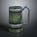 Green Ceramic Mug With Silver Ornate Trim And Decorative Patterns