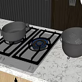 Modern Kitchen Gas Stove With Blue Flames Stainless Steel Pot Strainer And Hanging Utensils