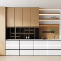 Modern Sideboard With Wooden Cabinetry White Drawers Wine Rack Open Shelves And Green Plant