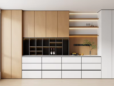 Modern Sideboard With Wooden Cabinetry White Drawers Wine Rack Open Shelves And Green Plant 3d model