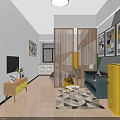 Modern Living Room Interior With Yellow Refrigerator Blue Sofa TV And Geometric Rug