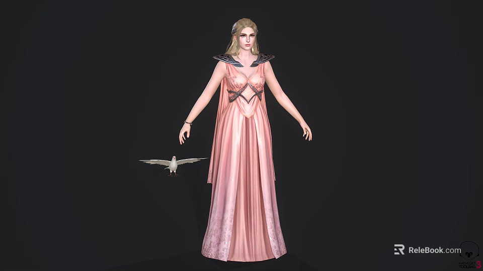 Game Movie Character Female Blonde Hair Wearing Pink Long Dress with Flying Bird 3d model 