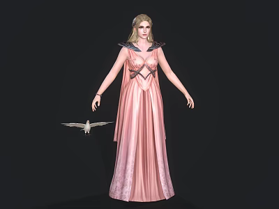 Game Movie Character Female Blonde Hair Wearing Pink Long Dress with Flying Bird 3d model