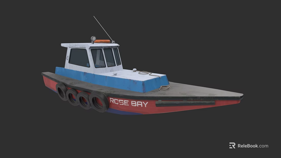 Wooden Boat With Blue White Red Hull Rose Bay Side Tires And Antenna 3d model 