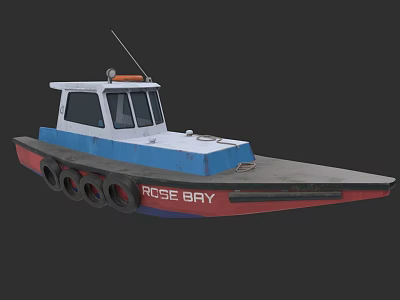 Wooden Boat With Blue White Red Hull Rose Bay Side Tires And Antenna 3d model