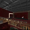 Elegant Theater Interior With Red Curtains Multiple Level Seats And Ceiling Lights 3d model