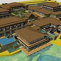 Traditional Waterfront Hotel Building With Brown Roof Wooden Terrace And Trees