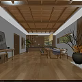 Modern Conference Room Interior With Wooden Ceiling Meeting Table Chairs And Green Plants