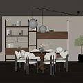 Modern Open Dining Room With Wooden Table Gray Chairs Pendant Lights And Green Plants