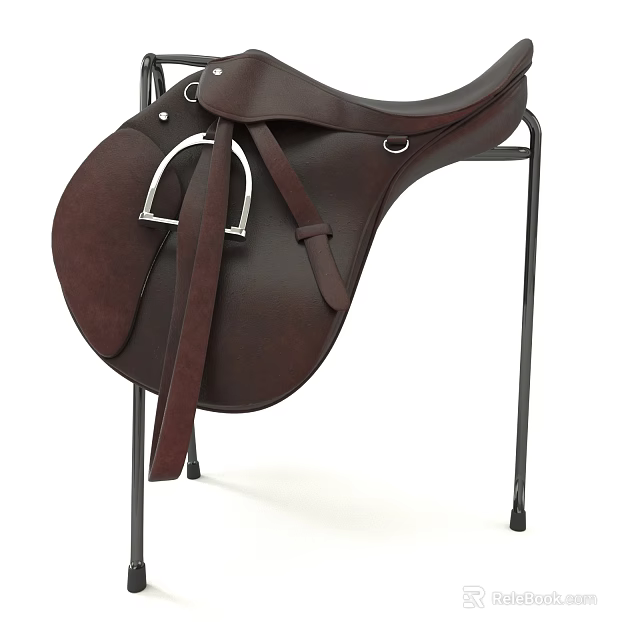 Brown Leather Horse Saddle Sports Equipment On Black Metal Stand 3d model 