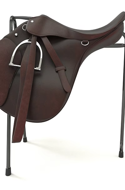 Brown Leather Horse Saddle Sports Equipment On Black Metal Stand 3d model