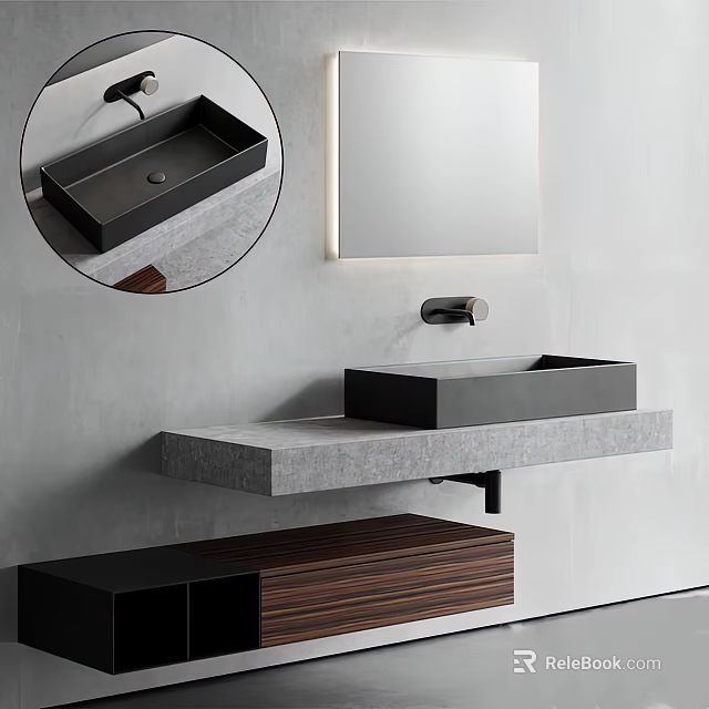 Modern Bathroom Washbasin With Black Built in Sink Gray Countertop Mirror And Wooden Cabinet 3d model 