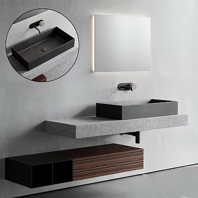 Modern Bathroom Washbasin With Black Built in Sink Gray Countertop Mirror And Wooden Cabinet 3d model