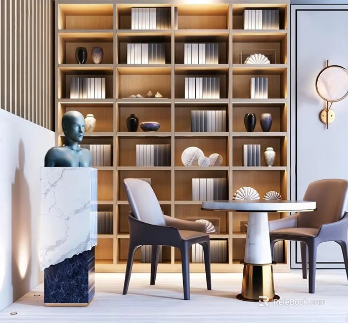 Modern Table And Chairs With Marble Top And Gray Seats In Room With Bookshelves Decor 3d model 