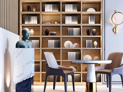 Modern Table And Chairs With Marble Top And Gray Seats In Room With Bookshelves Decor 3d model