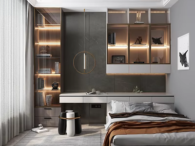 Modern Tatami Bedroom Interior With Built In Bookshelves Ambient Lighting And Decorative Items 3d model