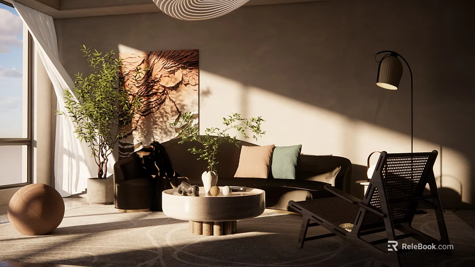 Modern Living Dining Room Interior With Sofa Coffee Table Green Plants and Decorative Art 3d model 