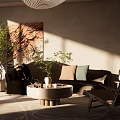Modern Living Dining Room Interior With Sofa Coffee Table Green Plants and Decorative Art