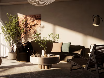 Modern Living Dining Room Interior With Sofa Coffee Table Green Plants and Decorative Art 3d model