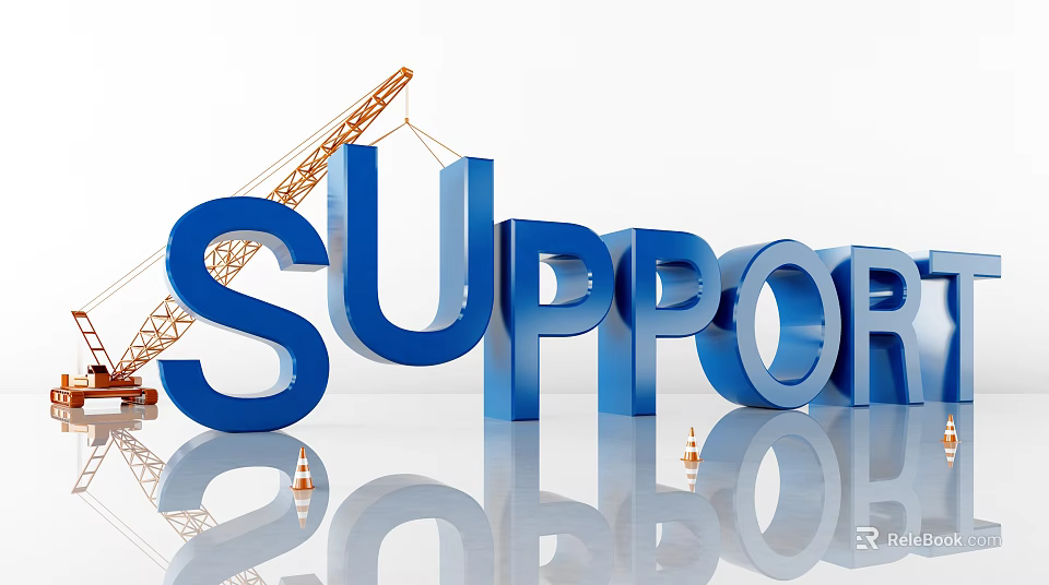 Commercial Equipment Display with Crane Lifting SUPPORT Letters and Traffic Cones 3d model 