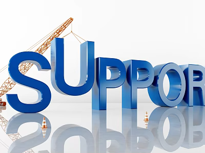 Commercial Equipment Display with Crane Lifting SUPPORT Letters and Traffic Cones 3d model
