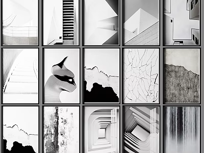 Black and White Abstract Painting with Geometric Shapes Lines and Textures in Grid Format 3d model