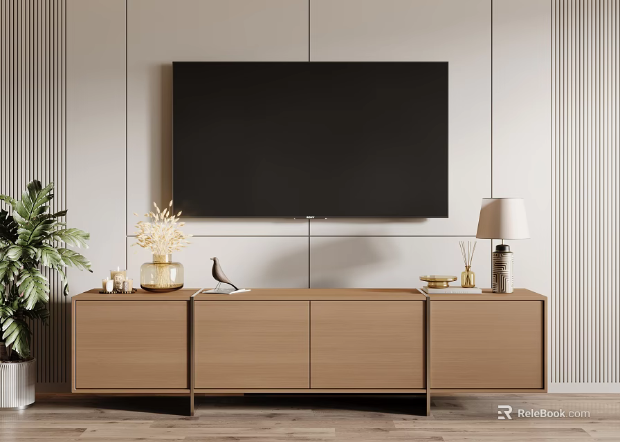 Modern Wooden TV Stand With Wall Mounted TV Decorative Items Table Lamp And Potted Plant 3d model 