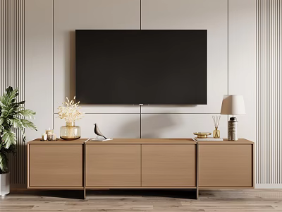 Modern Wooden TV Stand With Wall Mounted TV Decorative Items Table Lamp And Potted Plant 3d model