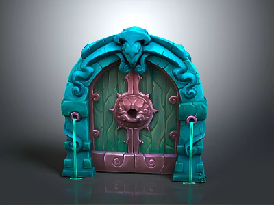 Intricate Fantasy Entrance Gate With Green Pink Carved Artwork And Ram Head Top Decor 3d model