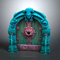 Intricate Fantasy Entrance Gate With Green Pink Carved Artwork And Ram Head Top Decor