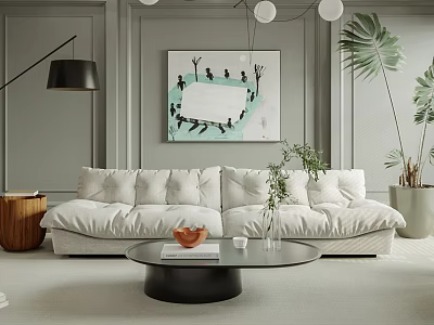 Modern Living Room Interior With White Sofa Round Glass Coffee Table And Decorative Painting 3d model