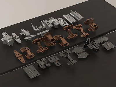 Various Metal Hardware Fittings With Different Finishes Displayed On Dark Surface 3d model